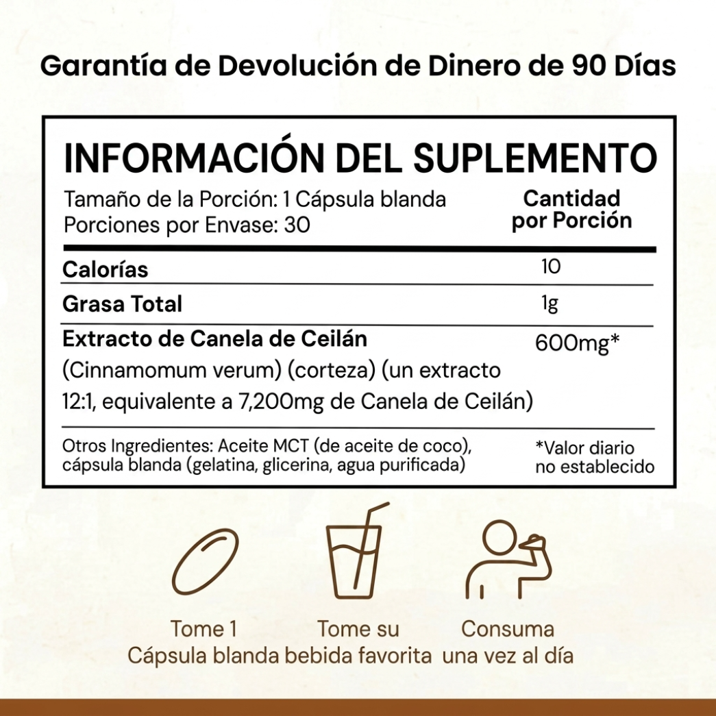 Canela de Ceilán Equivalente a 7200 mg con Aceite MCT