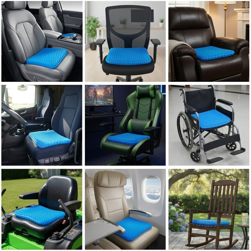 Cojin GelCell en distintos asientos: auto, oficina, sillon, silla de ruedas, mecedora