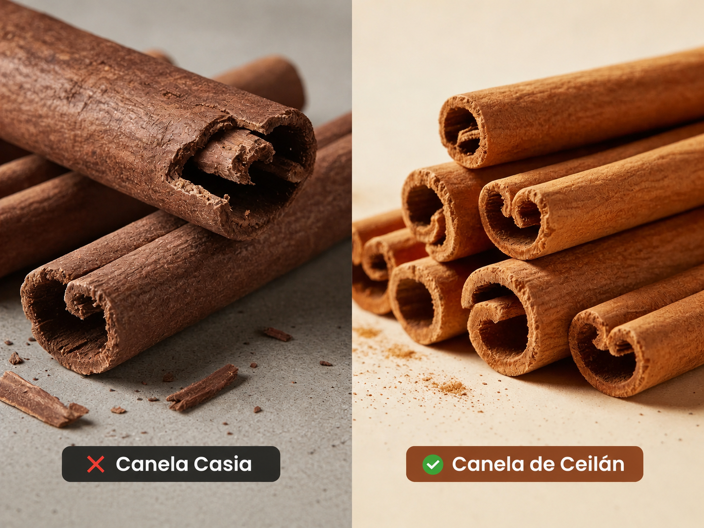 Comparación entre canela Casia y canela de Ceilán