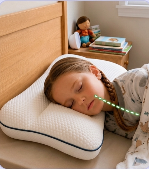 Niña durmiendo sobre la almohada Sentia Kids con el cuello alineado y la boca cerrada