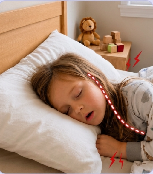 Niña durmiendo con la cabeza hundida en una almohada de adulto y la boca abierta
