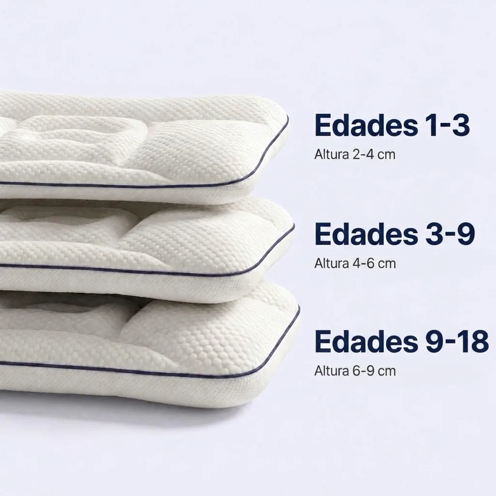 Las tres alturas de la almohada Sentia Kids apiladas: 1-3 años, 3-9 años y 9-18 años